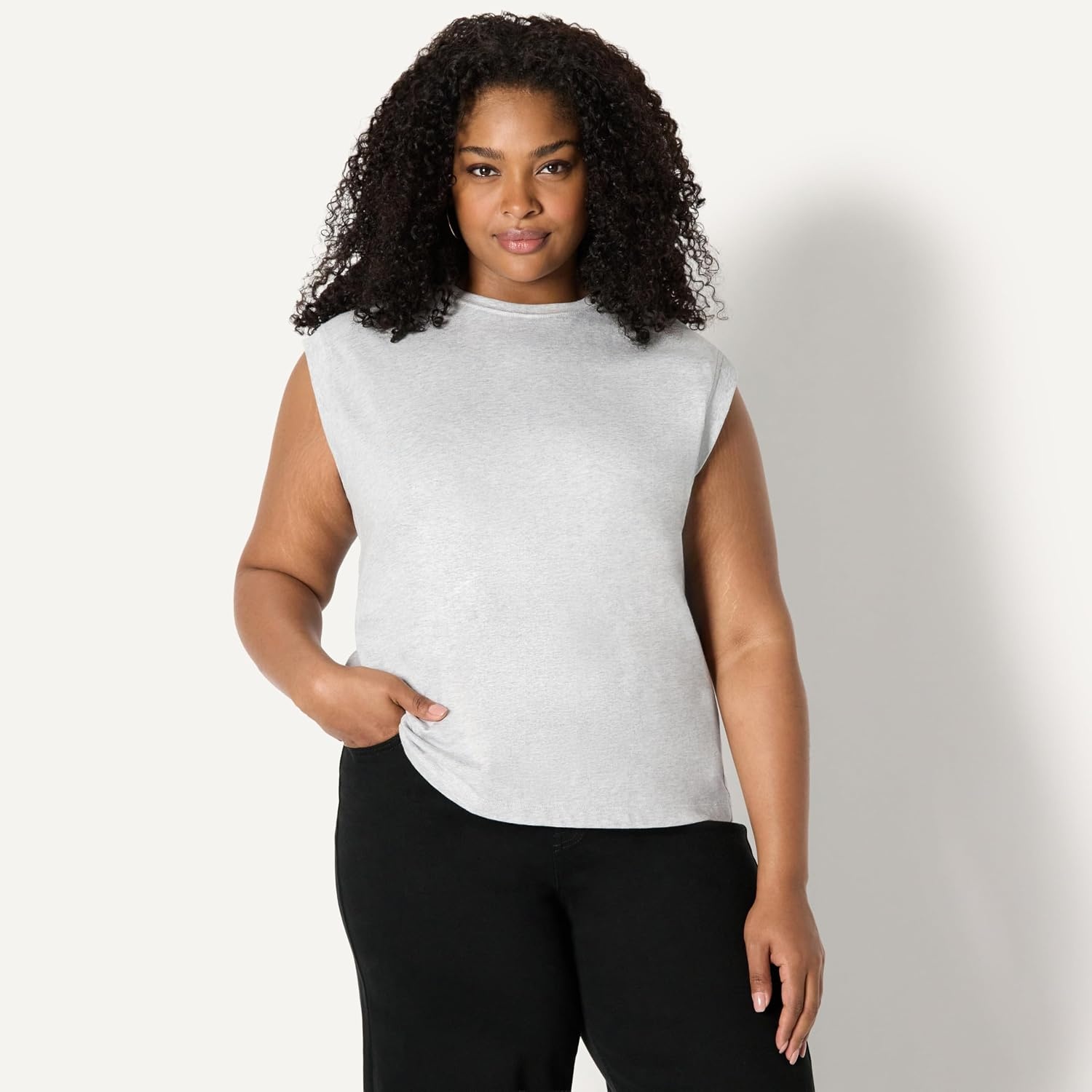 image:imageAmazon Essentials Womens RelaxedFit Cotton Muscle Tee with Ribbed Crew Neckline BreathableLight Grey Heather