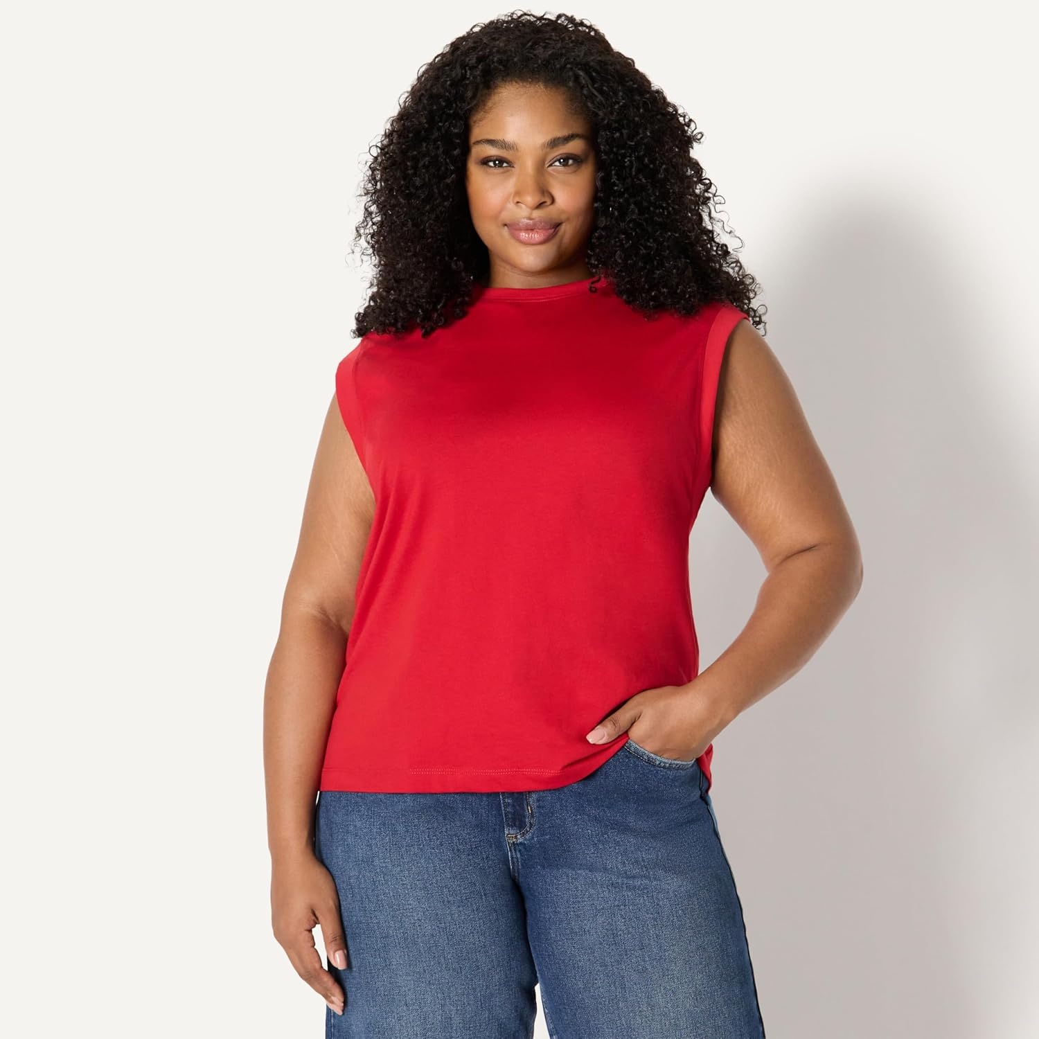 image:imageAmazon Essentials Womens RelaxedFit Cotton Muscle Tee with Ribbed Crew Neckline BreathableRed