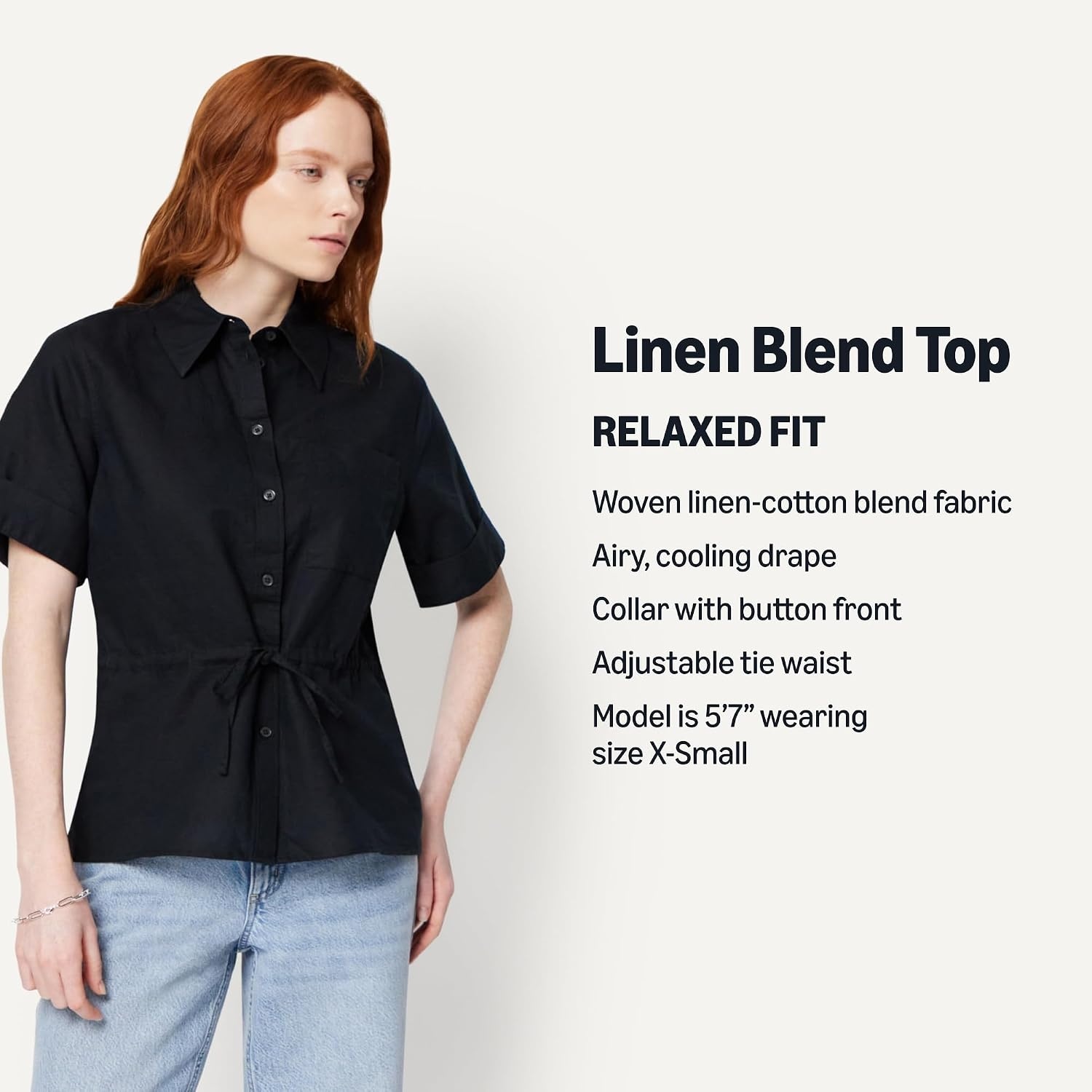 image:imageAmazon Essentials Womens RelaxedFit Linen Blend Wide Sleeve Shirt with Adjustable WaistBlack