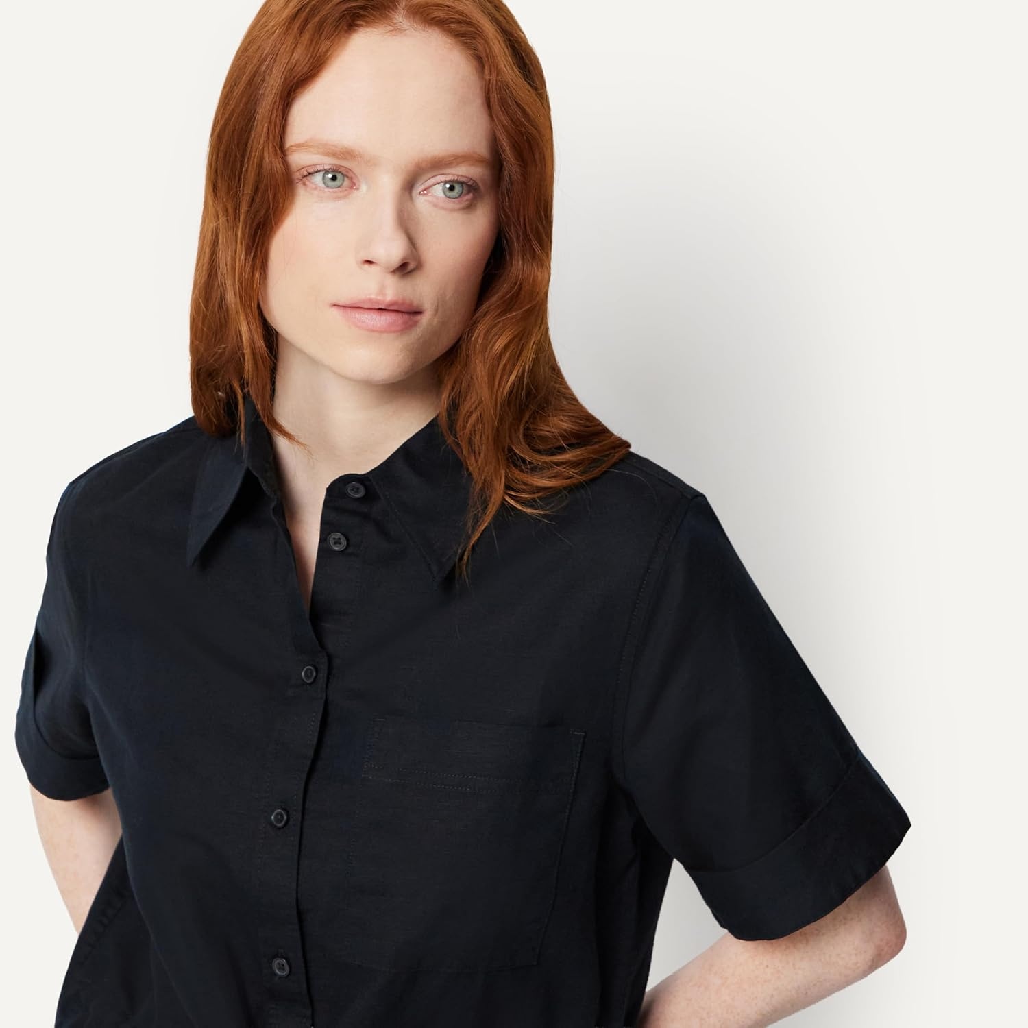image:imageAmazon Essentials Womens RelaxedFit Linen Blend Wide Sleeve Shirt with Adjustable WaistBlack