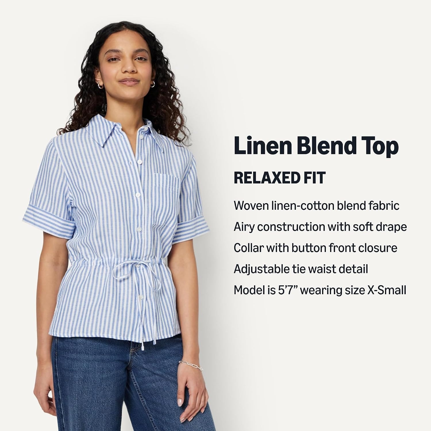image:imageAmazon Essentials Womens RelaxedFit Linen Blend Wide Sleeve Shirt with Adjustable WaistBlue White Even Stripe