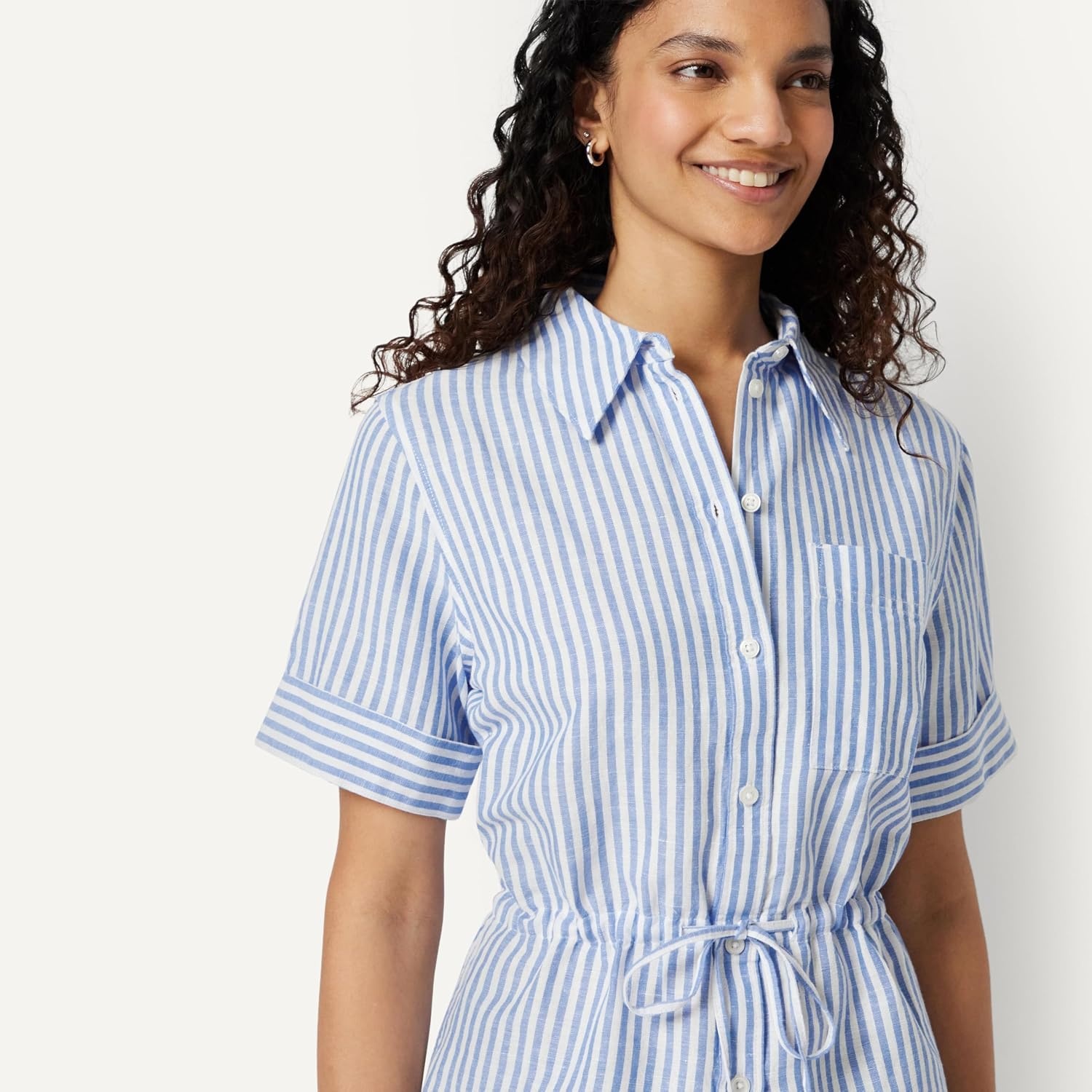 image:imageAmazon Essentials Womens RelaxedFit Linen Blend Wide Sleeve Shirt with Adjustable WaistBlue White Even Stripe