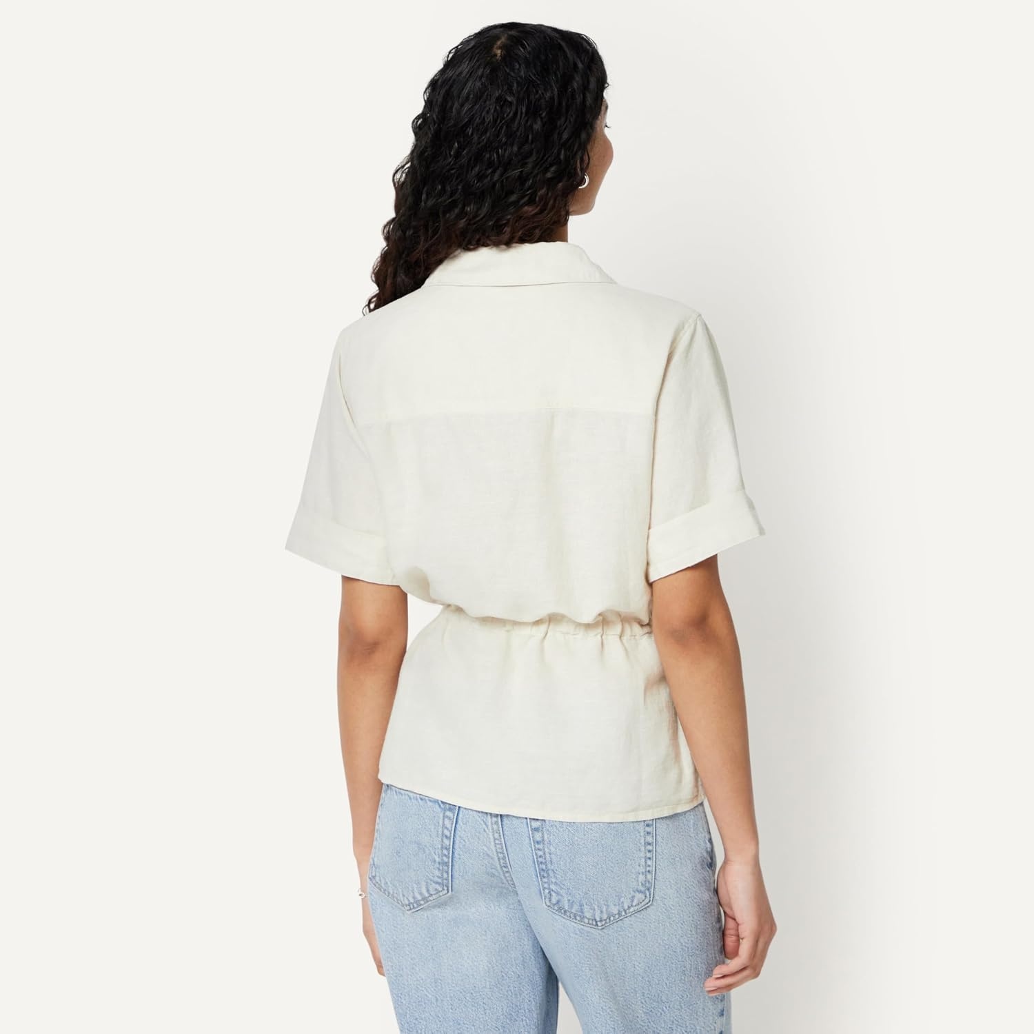 image:imageAmazon Essentials Womens RelaxedFit Linen Blend Wide Sleeve Shirt with Adjustable WaistLight Beige