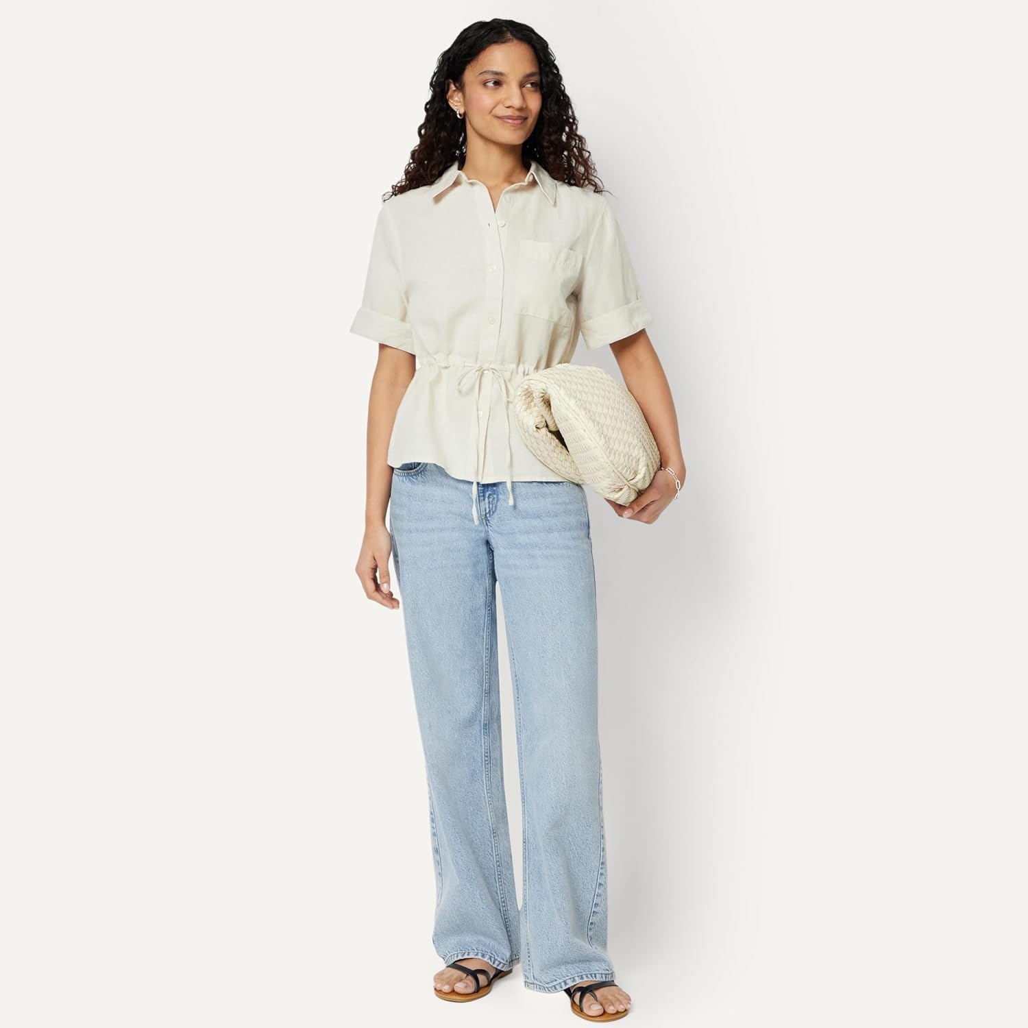image:imageAmazon Essentials Womens RelaxedFit Linen Blend Wide Sleeve Shirt with Adjustable WaistLight Beige