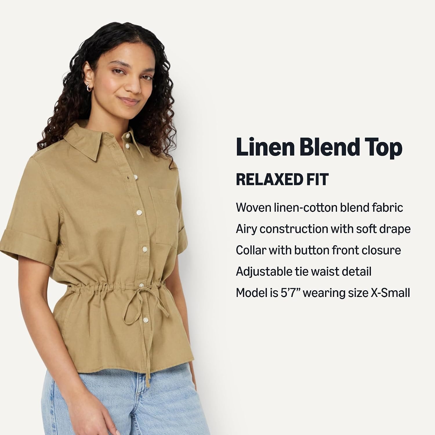 image:imageAmazon Essentials Womens RelaxedFit Linen Blend Wide Sleeve Shirt with Adjustable WaistTan