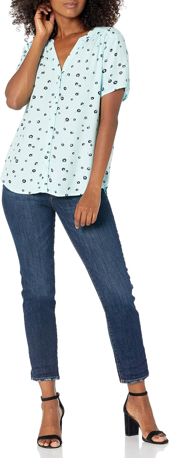 image:imageAmazon Essentials Womens RelaxedFit ShortSleeve V Neck ButtonFront Woven Blouse Business Casual Work BlouseAqua Poppy