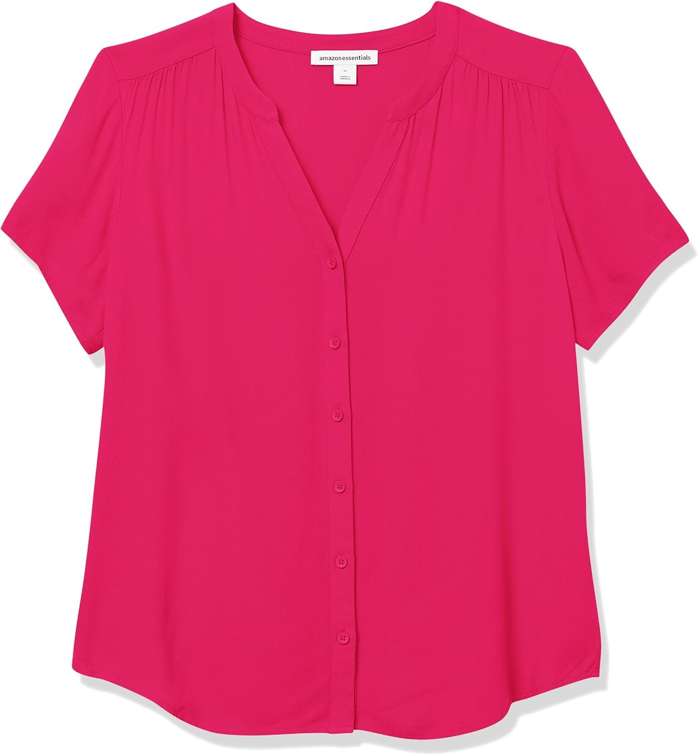 image:imageAmazon Essentials Womens RelaxedFit ShortSleeve V Neck ButtonFront Woven Blouse Business Casual Work BlouseBright Pink