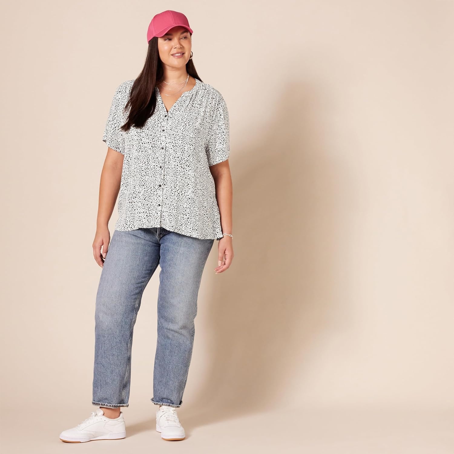image:imageAmazon Essentials Womens RelaxedFit ShortSleeve V Neck ButtonFront Woven Blouse Business Casual Work BlouseMini Leopard