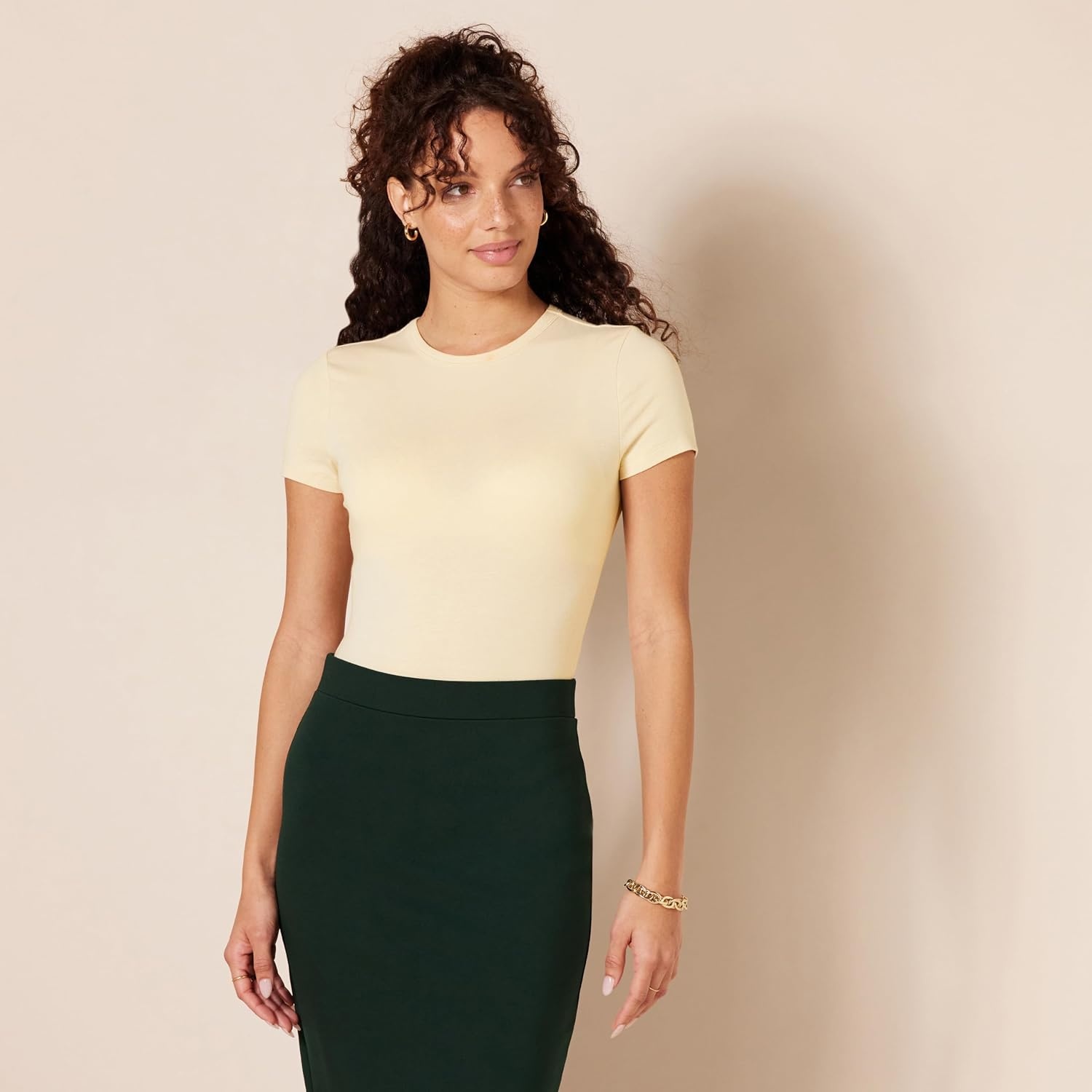 image:imageAmazon Essentials Womens Short Sleeve Crew Neck Stretch Cotton Jersey SlimFit TShirt Bodysuit Pack of 2BeigeLight Sage Green