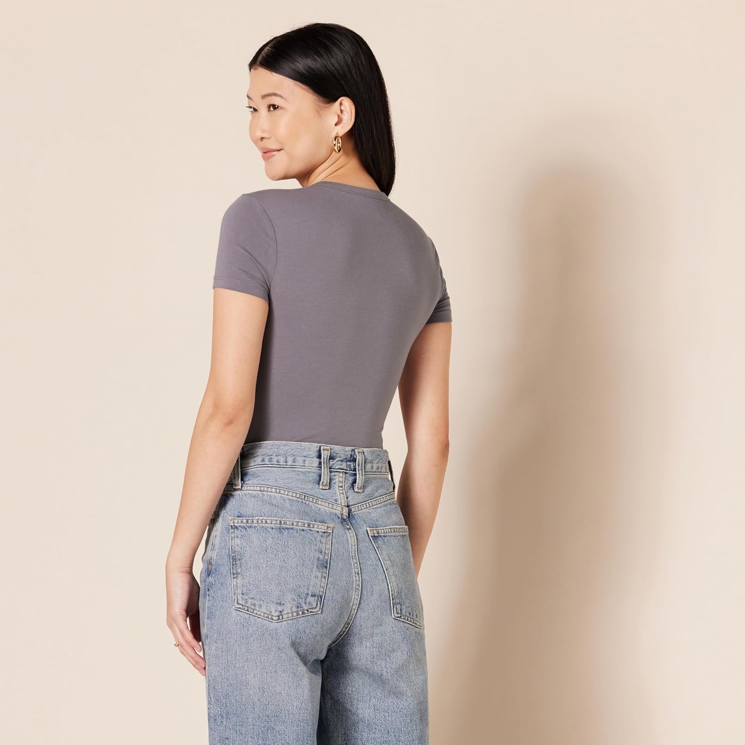 image:imageAmazon Essentials Womens Short Sleeve Crew Neck Stretch Cotton Jersey SlimFit TShirt Bodysuit Pack of 2BlackGrey