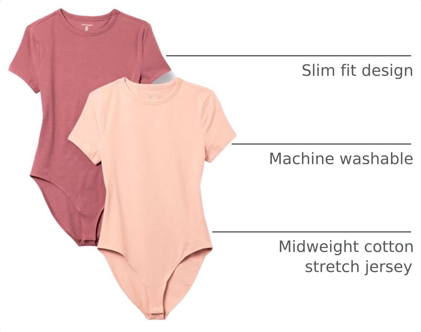 image:imageAmazon Essentials Womens Short Sleeve Crew Neck Stretch Cotton Jersey SlimFit TShirt Bodysuit Pack of 2Dusty RosePlum