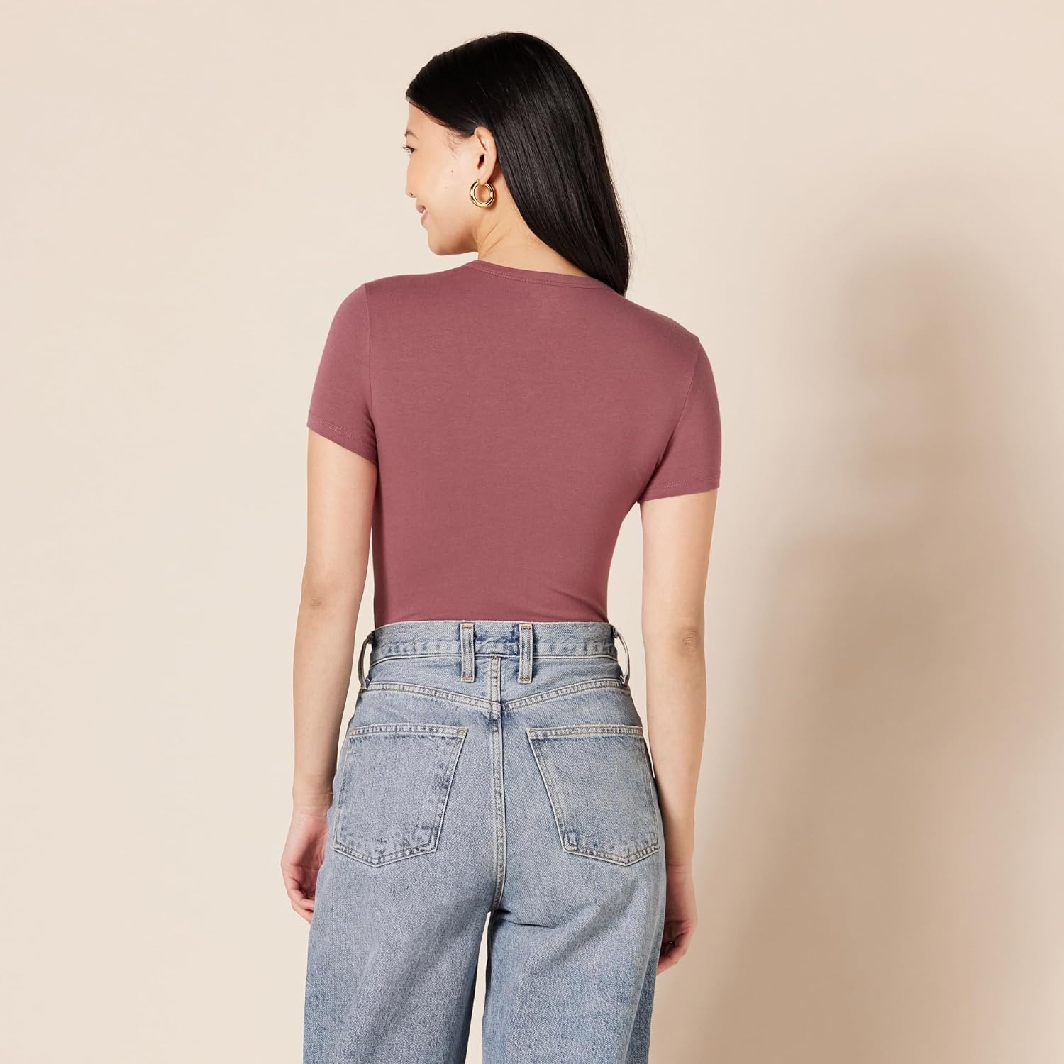 image:imageAmazon Essentials Womens Short Sleeve Crew Neck Stretch Cotton Jersey SlimFit TShirt Bodysuit Pack of 2Dusty RosePlum