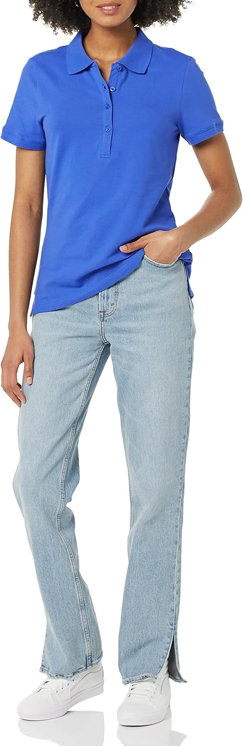 image:imageAmazon Essentials Womens ShortSleeve Collared Polo Shirt Available in Plus SizeBlue