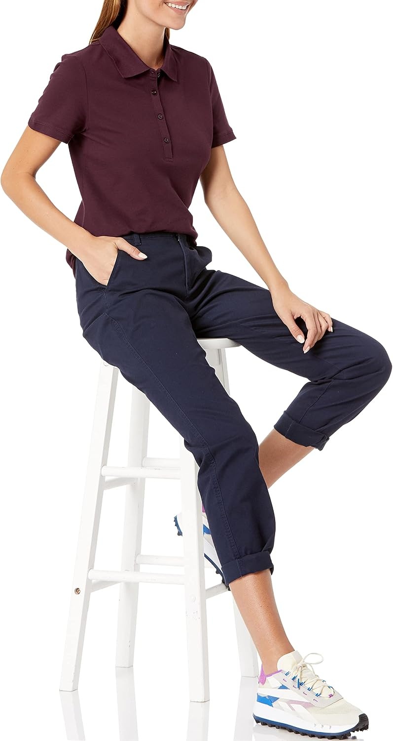image:imageAmazon Essentials Womens ShortSleeve Collared Polo Shirt Available in Plus SizeBurgundy