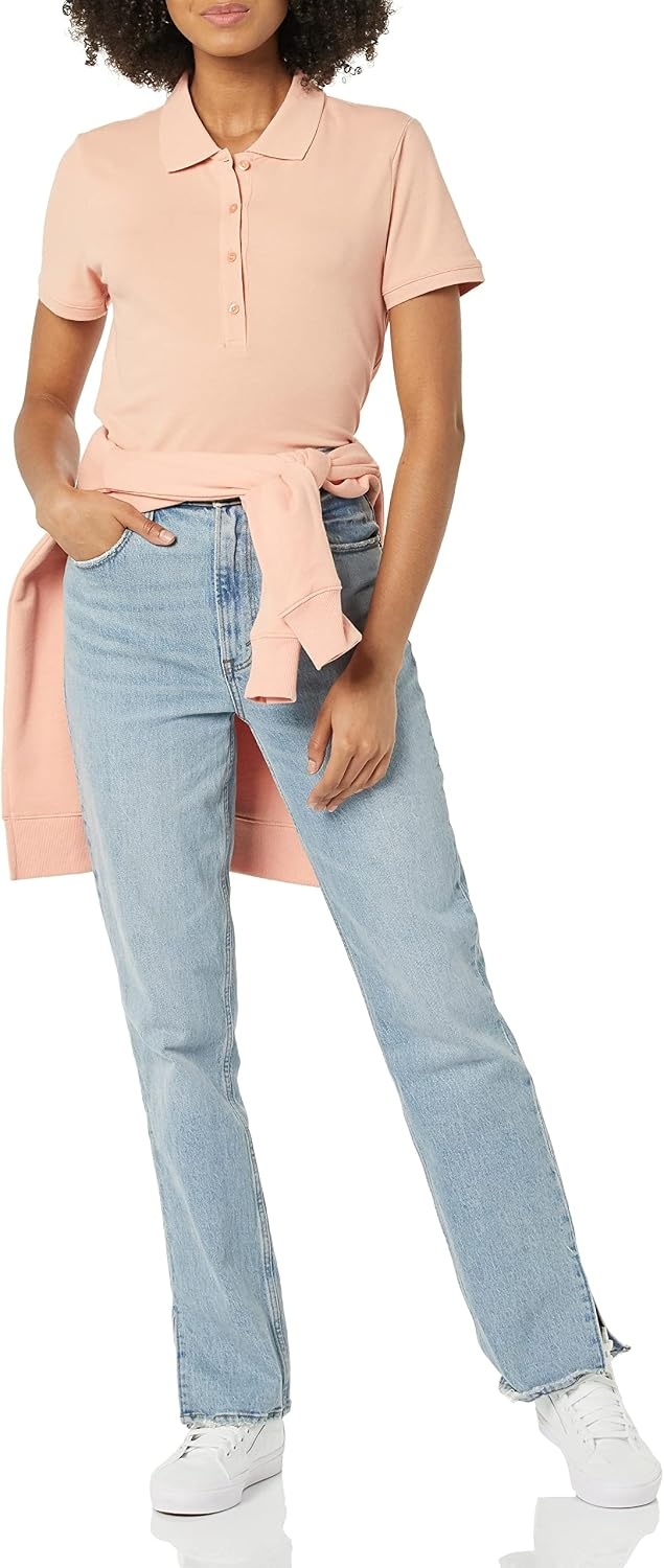 image:imageAmazon Essentials Womens ShortSleeve Collared Polo Shirt Available in Plus SizeCoral Pink
