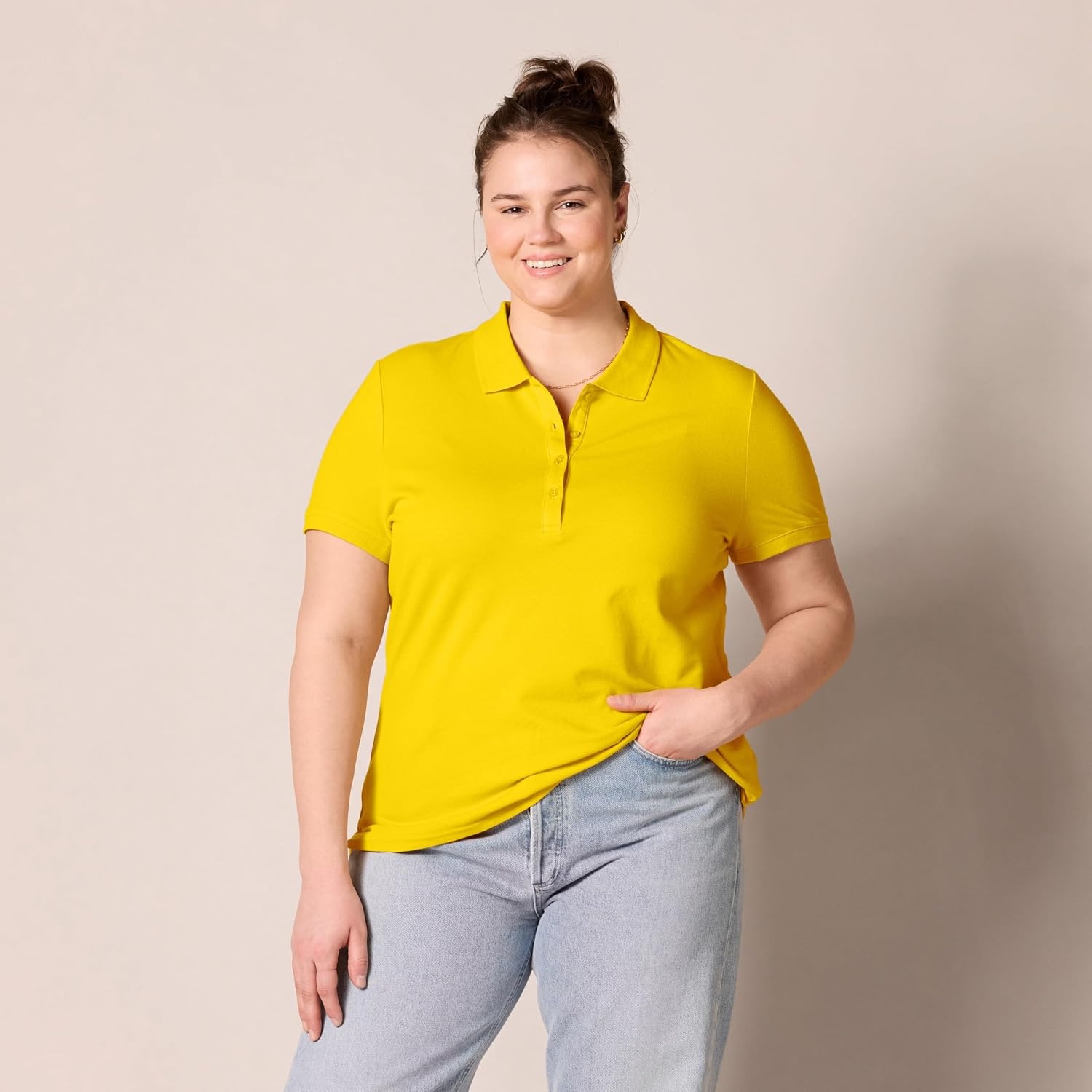 image:imageAmazon Essentials Womens ShortSleeve Collared Polo Shirt Available in Plus SizeGolden Yellow