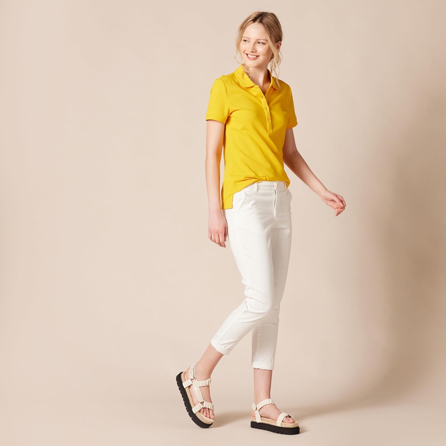 image:imageAmazon Essentials Womens ShortSleeve Collared Polo Shirt Available in Plus SizeGolden Yellow