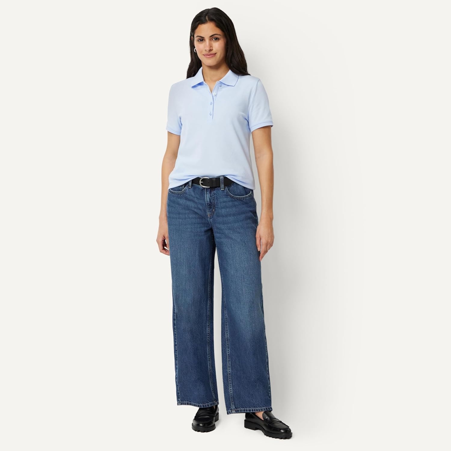 image:imageAmazon Essentials Womens ShortSleeve Collared Polo Shirt Available in Plus SizeLight Blue