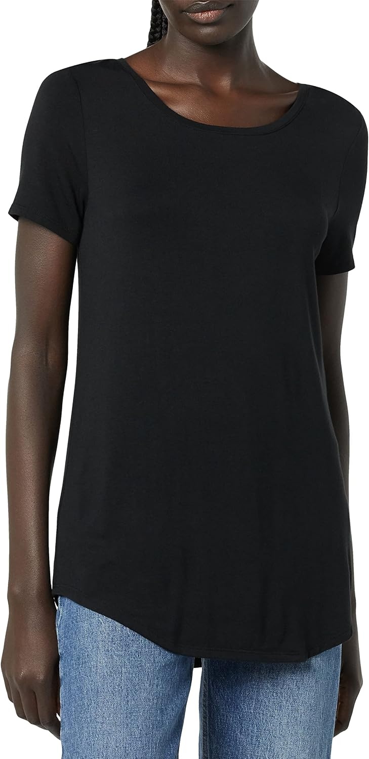 image:imageAmazon Essentials Womens ShortSleeve Scoopneck Tunic Tops TShirt Stretchy Pack of 2Black Black
