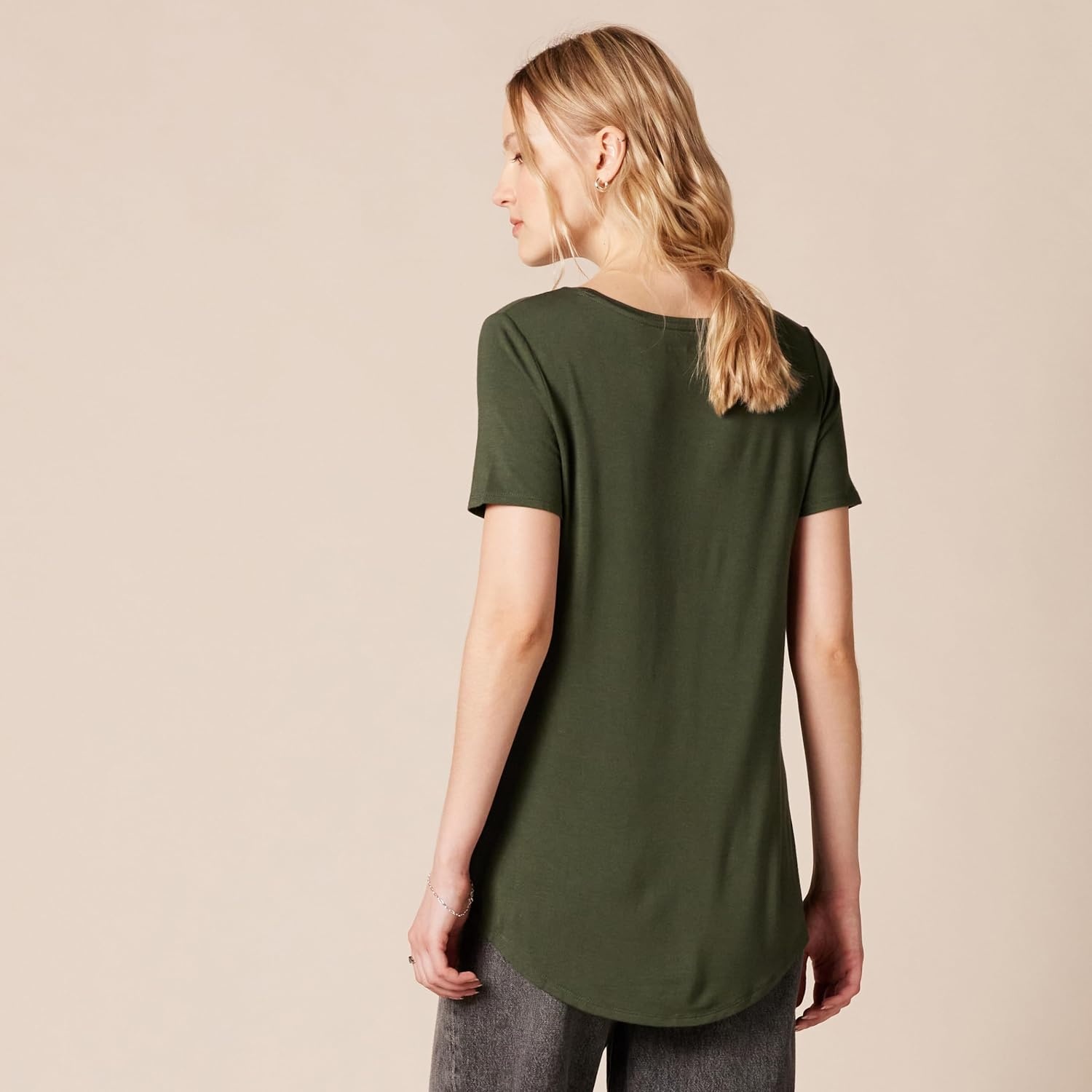 image:imageAmazon Essentials Womens ShortSleeve Scoopneck Tunic Tops TShirt Stretchy Pack of 2Black Olive
