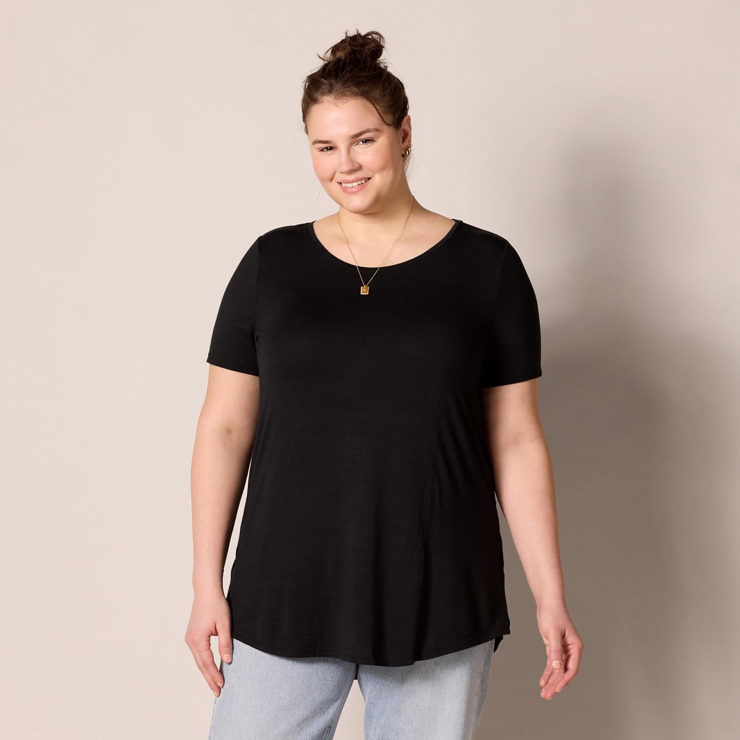image:imageAmazon Essentials Womens ShortSleeve Scoopneck Tunic Tops TShirt Stretchy Pack of 2Black Olive