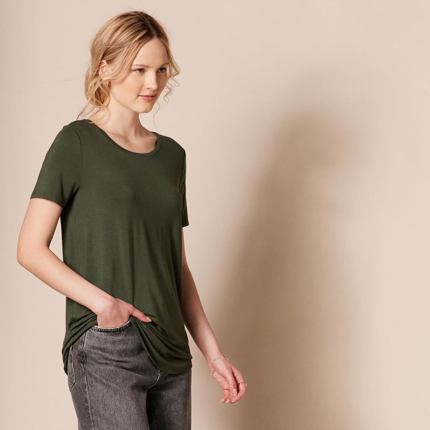 image:imageAmazon Essentials Womens ShortSleeve Scoopneck Tunic Tops TShirt Stretchy Pack of 2Black Olive
