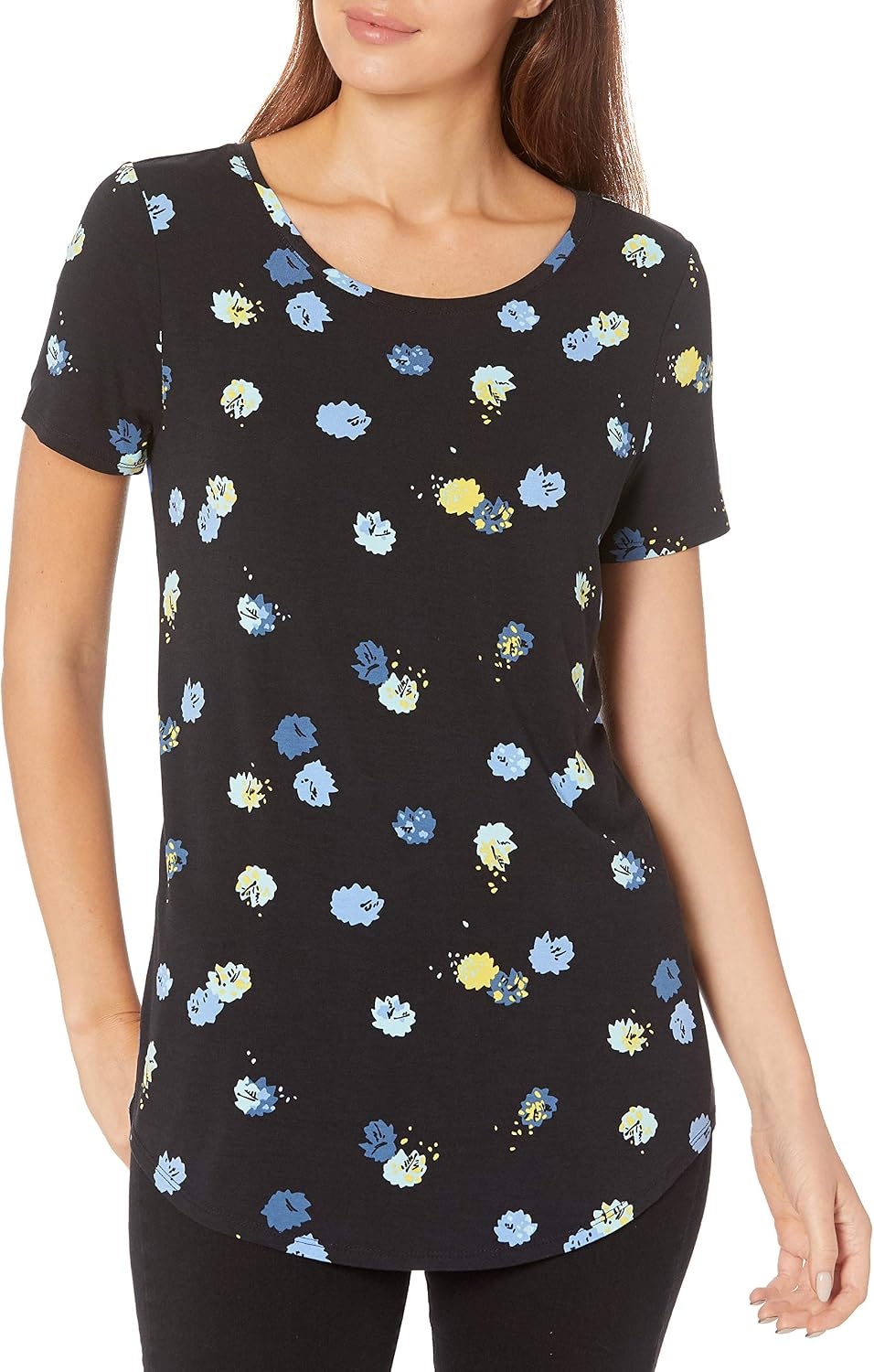 image:imageAmazon Essentials Womens ShortSleeve Scoopneck Tunic Tops TShirt Stretchy Pack of 2Black Graphic BudCobalt