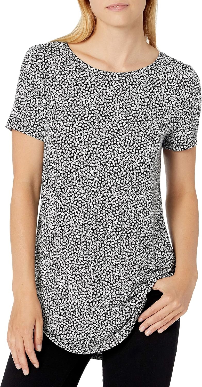 image:imageAmazon Essentials Womens ShortSleeve Scoopneck Tunic Tops TShirt Stretchy Pack of 2Black TulipsBright Pink