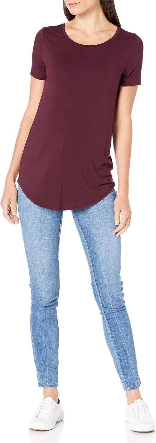 image:imageAmazon Essentials Womens ShortSleeve Scoopneck Tunic Tops TShirt Stretchy Pack of 2BlackBurgundy