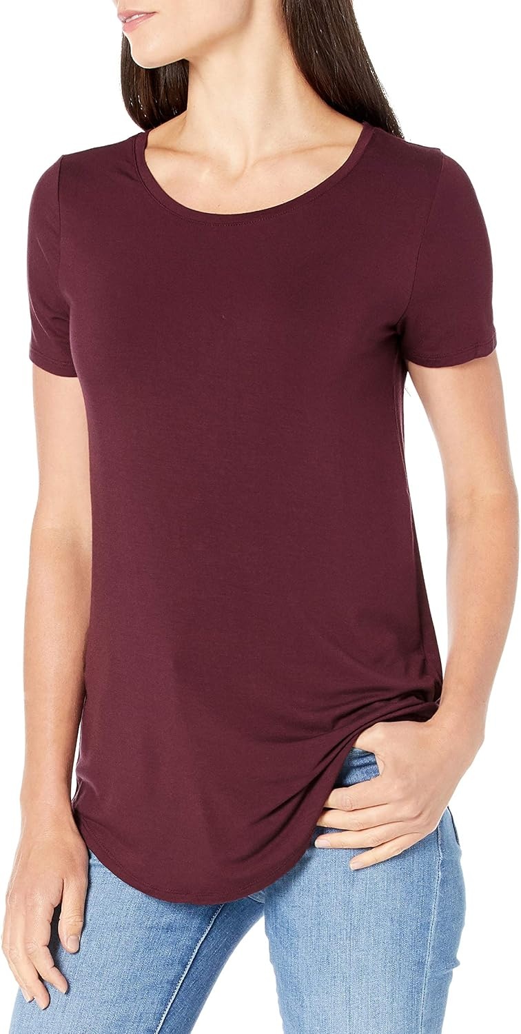 image:imageAmazon Essentials Womens ShortSleeve Scoopneck Tunic Tops TShirt Stretchy Pack of 2BlackBurgundy