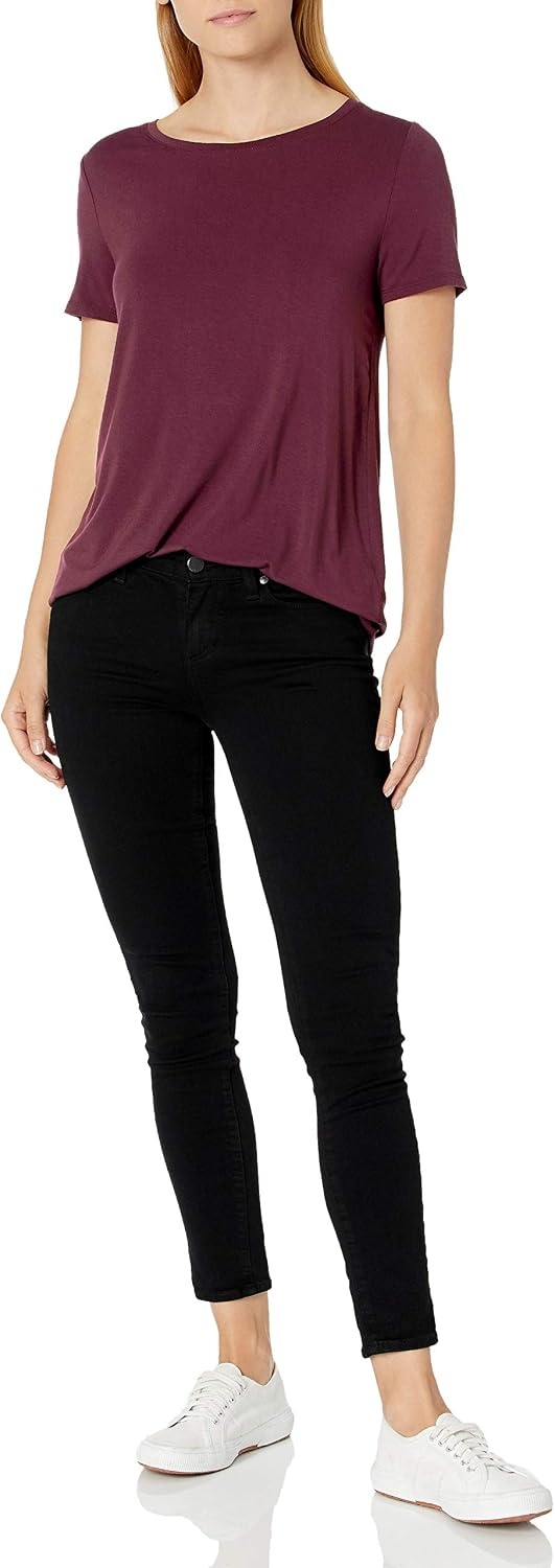 image:imageAmazon Essentials Womens ShortSleeve Scoopneck Tunic Tops TShirt Stretchy Pack of 2BurgundyDark Olive