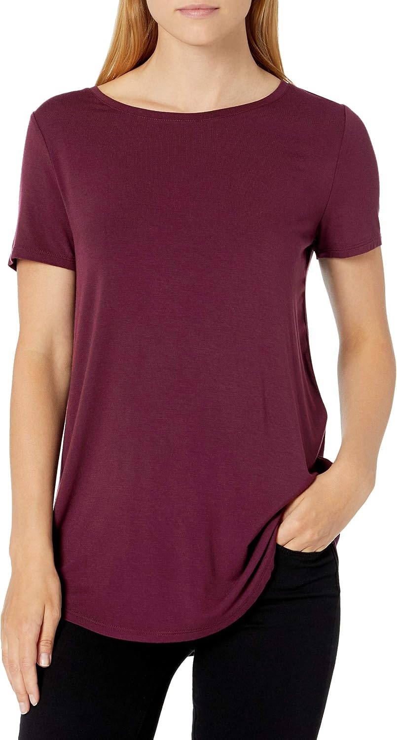 image:imageAmazon Essentials Womens ShortSleeve Scoopneck Tunic Tops TShirt Stretchy Pack of 2BurgundyDark Olive