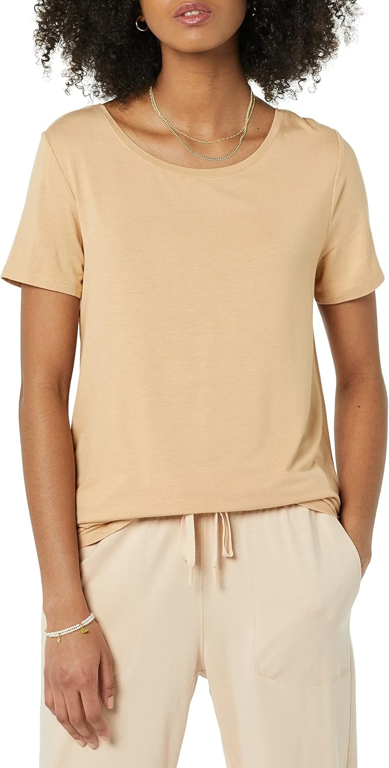 image:imageAmazon Essentials Womens ShortSleeve Scoopneck Tunic Tops TShirt Stretchy Pack of 2Charcoal HeatherLight Camel