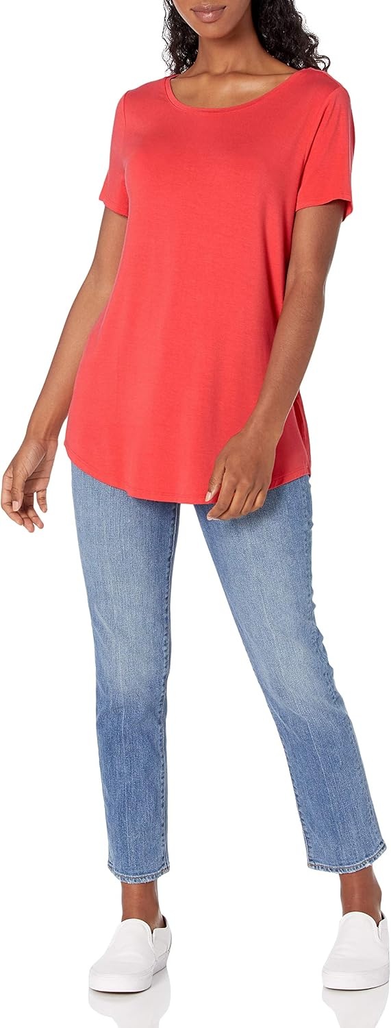 image:imageAmazon Essentials Womens ShortSleeve Scoopneck Tunic Tops TShirt Stretchy Pack of 2Charcoal HeatherRed Coral
