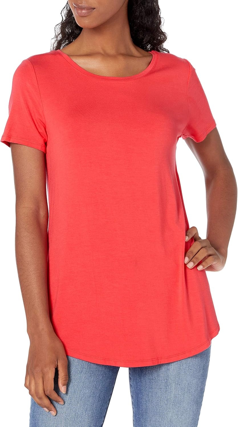 image:imageAmazon Essentials Womens ShortSleeve Scoopneck Tunic Tops TShirt Stretchy Pack of 2Charcoal HeatherRed Coral