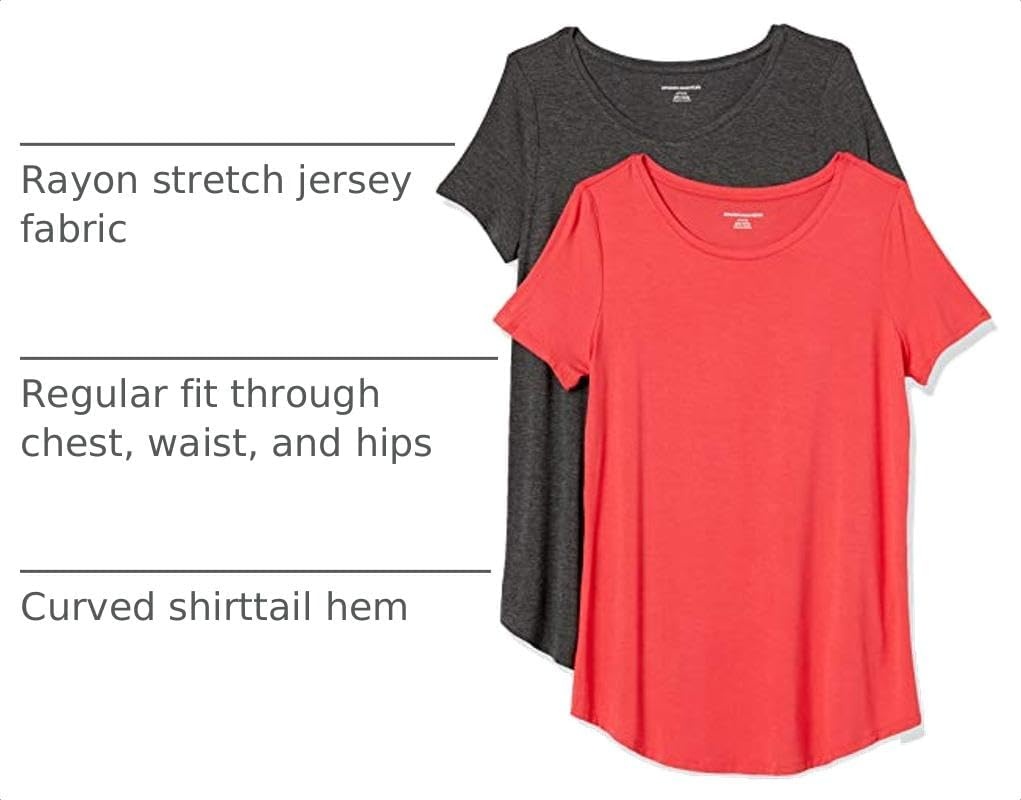 image:imageAmazon Essentials Womens ShortSleeve Scoopneck Tunic Tops TShirt Stretchy Pack of 2Charcoal HeatherRed Coral