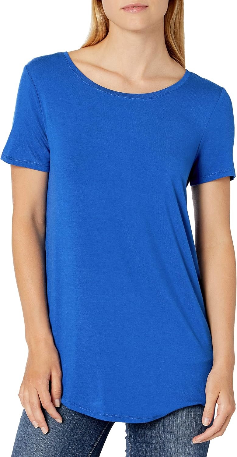 image:imageAmazon Essentials Womens ShortSleeve Scoopneck Tunic Tops TShirt Stretchy Pack of 2CobaltBlack