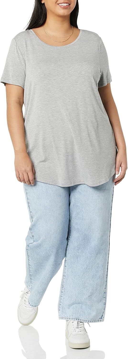 image:imageAmazon Essentials Womens ShortSleeve Scoopneck Tunic Tops TShirt Stretchy Pack of 2Light Grey HeatherTomato Red