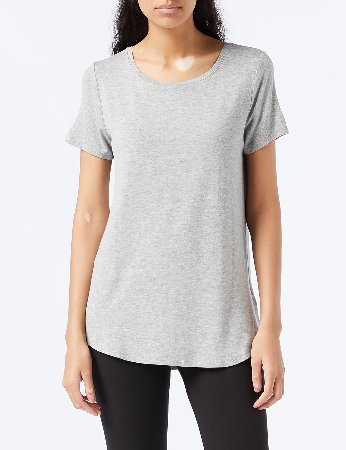 image:imageAmazon Essentials Womens ShortSleeve Scoopneck Tunic Tops TShirt Stretchy Pack of 2Light Heather Grey Golden Yellow