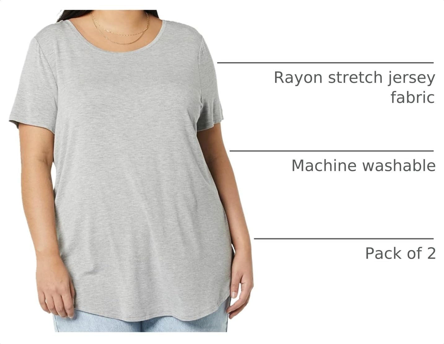 image:imageAmazon Essentials Womens ShortSleeve Scoopneck Tunic Tops TShirt Stretchy Pack of 2Light Heather Grey Tomato Red