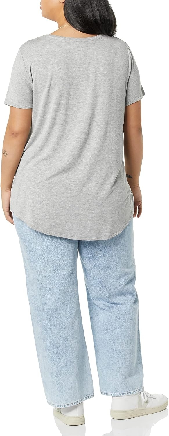 image:imageAmazon Essentials Womens ShortSleeve Scoopneck Tunic Tops TShirt Stretchy Pack of 2Light Heather Grey Tomato Red