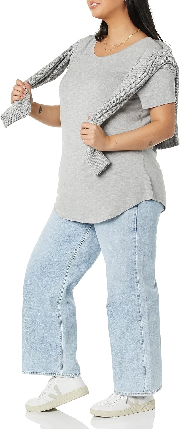 image:imageAmazon Essentials Womens ShortSleeve Scoopneck Tunic Tops TShirt Stretchy Pack of 2Light Heather Grey Tomato Red