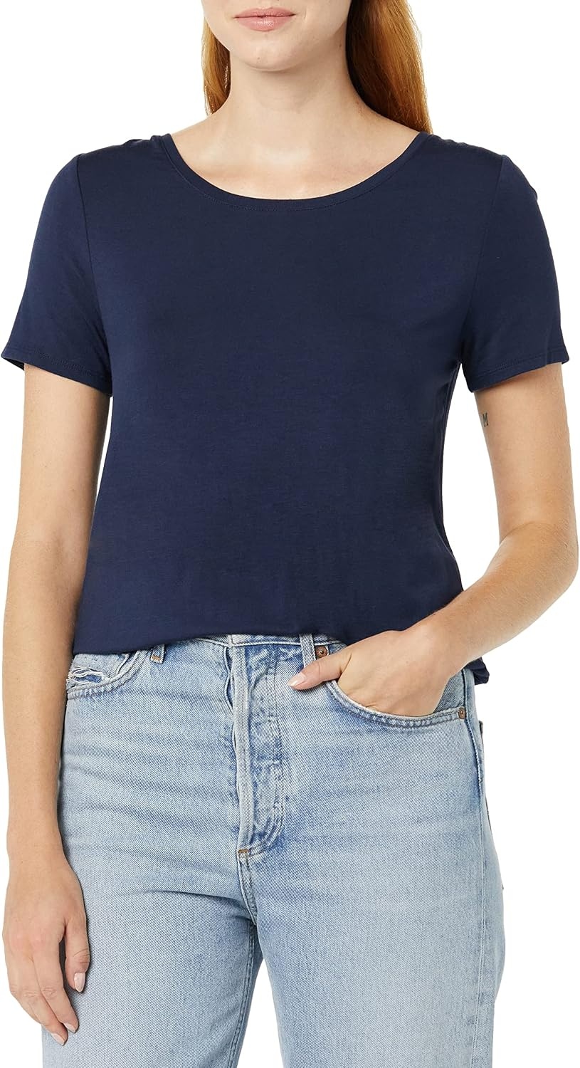 image:imageAmazon Essentials Womens ShortSleeve Scoopneck Tunic Tops TShirt Stretchy Pack of 2NavyLime Green