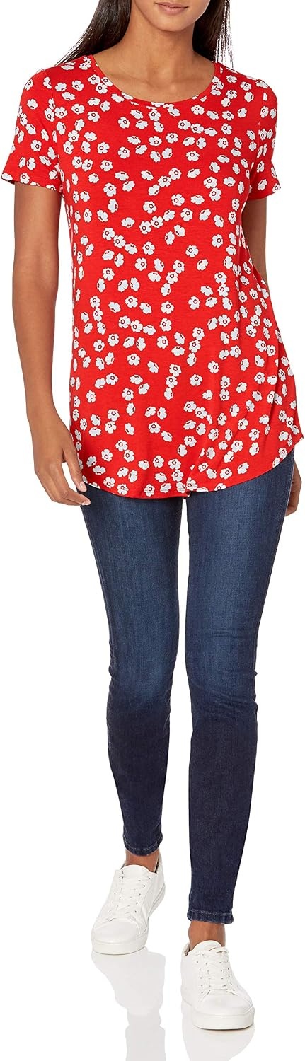 image:imageAmazon Essentials Womens ShortSleeve Scoopneck Tunic Tops TShirt Stretchy Pack of 2NavyRed Flowers