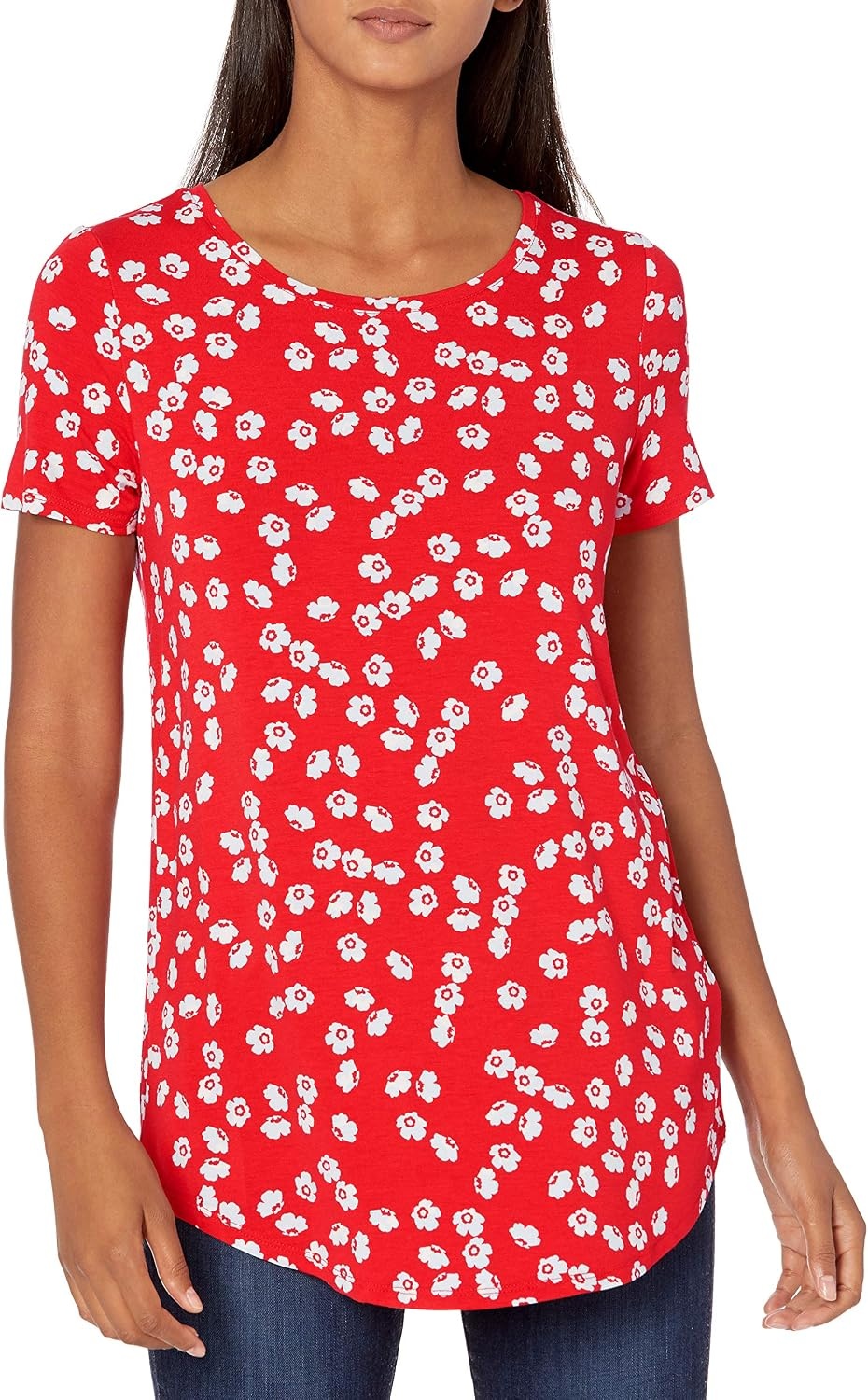 image:imageAmazon Essentials Womens ShortSleeve Scoopneck Tunic Tops TShirt Stretchy Pack of 2NavyRed Flowers
