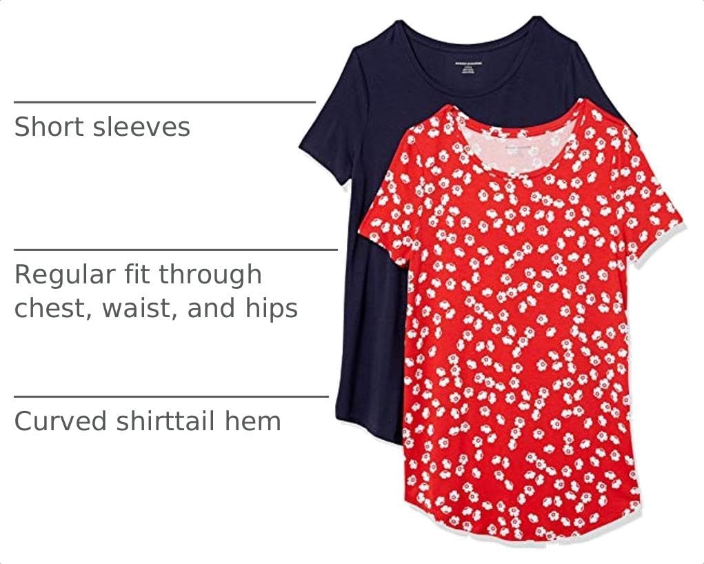 image:imageAmazon Essentials Womens ShortSleeve Scoopneck Tunic Tops TShirt Stretchy Pack of 2NavyRed Flowers