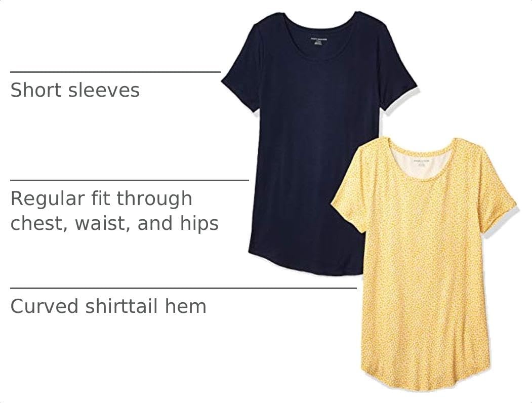 image:imageAmazon Essentials Womens ShortSleeve Scoopneck Tunic Tops TShirt Stretchy Pack of 2NavyYellow Tulips