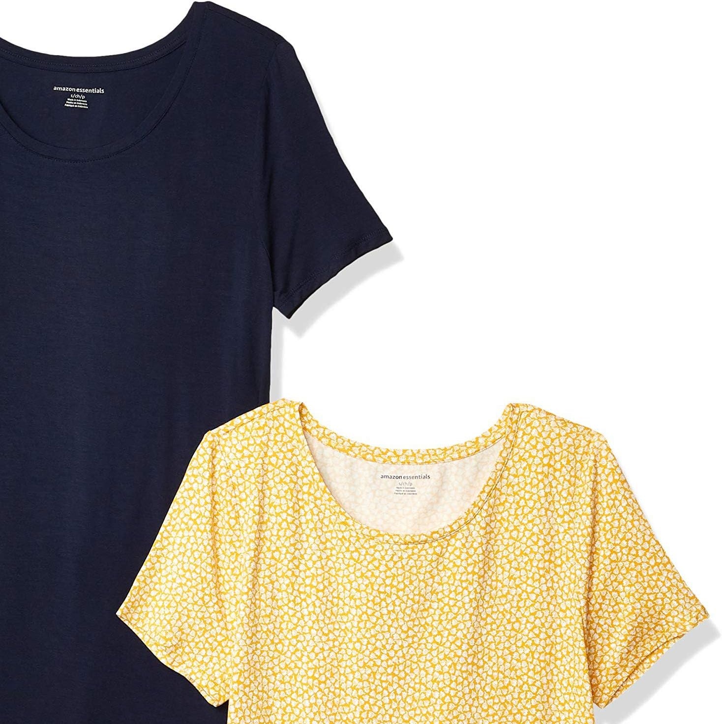 image:imageAmazon Essentials Womens ShortSleeve Scoopneck Tunic Tops TShirt Stretchy Pack of 2NavyYellow Tulips