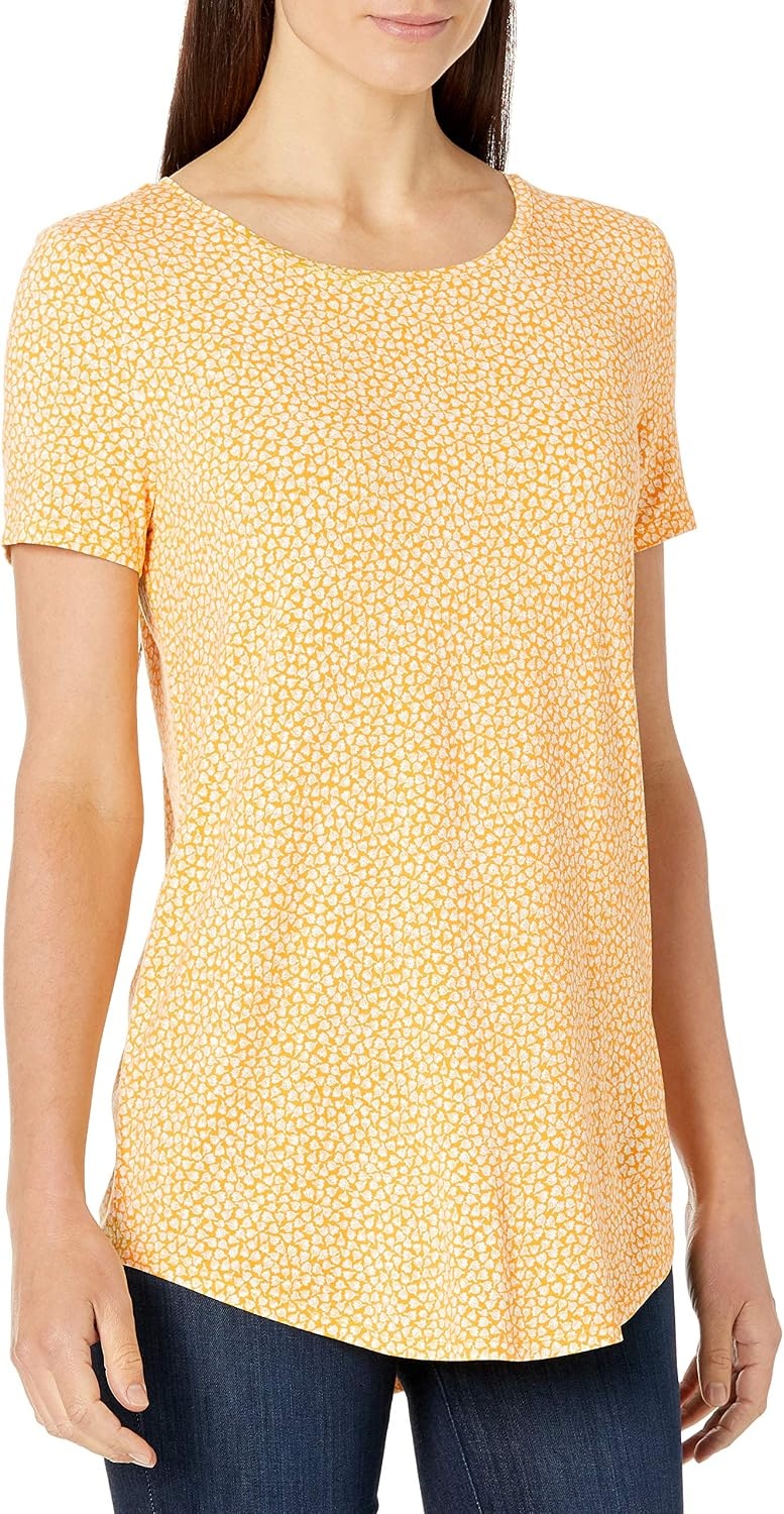 image:imageAmazon Essentials Womens ShortSleeve Scoopneck Tunic Tops TShirt Stretchy Pack of 2NavyYellow Tulips