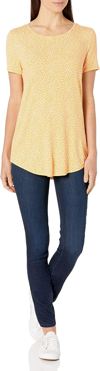 image:imageAmazon Essentials Womens ShortSleeve Scoopneck Tunic Tops TShirt Stretchy Pack of 2NavyYellow Tulips